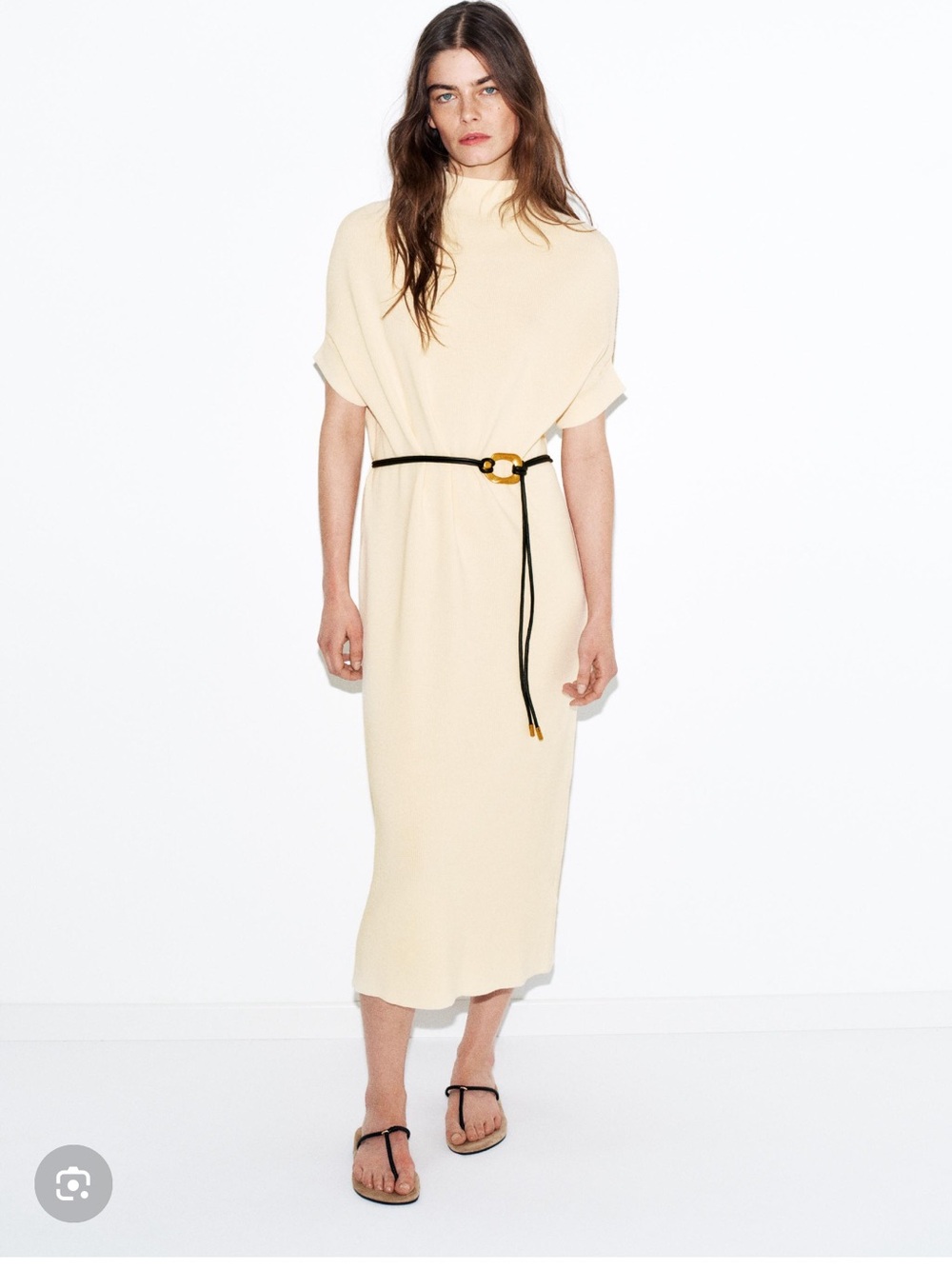 ZARA Cream Midi Knit Dress with Thin Black Belt